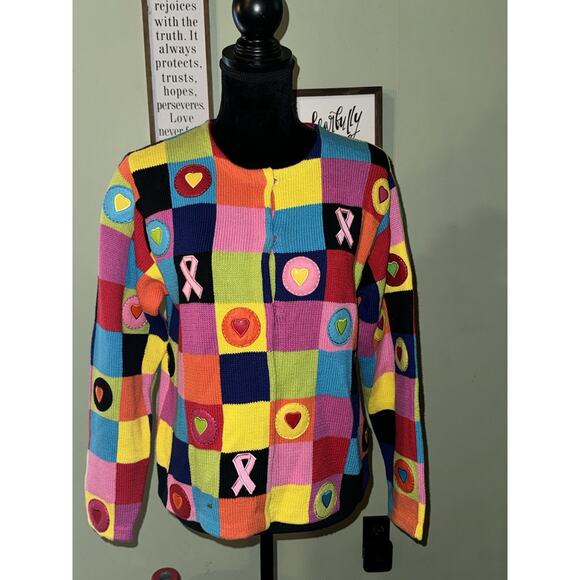 Acorn Sweaters - Whimsical Patchwork Rainbow Knit Cardigan Breast Cancer Ribbon Womens Small